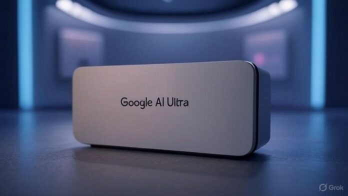 The device represents Google AI Ultra, showcasing advanced technology.